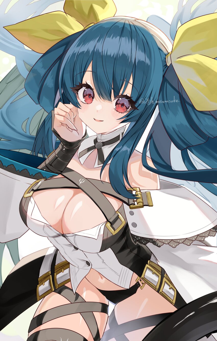 1girl absurdres angel_wings asymmetrical_wings bare_shoulders belt black_panties blue_hair blush breasts cleavage cleavage_cutout closed_mouth clothing_cutout dated detached_collar dizzy_(guilty_gear) elritta guilty_gear guilty_gear_xrd hair_between_eyes hair_rings hand_on_own_face highres large_breasts long_hair midriff navel panties petals pink_lips red_eyes showgirl_skirt sidelocks skindentation solo tail thick_thighs thigh_strap thighs twintails twitter_username underwear wide_sleeves wings