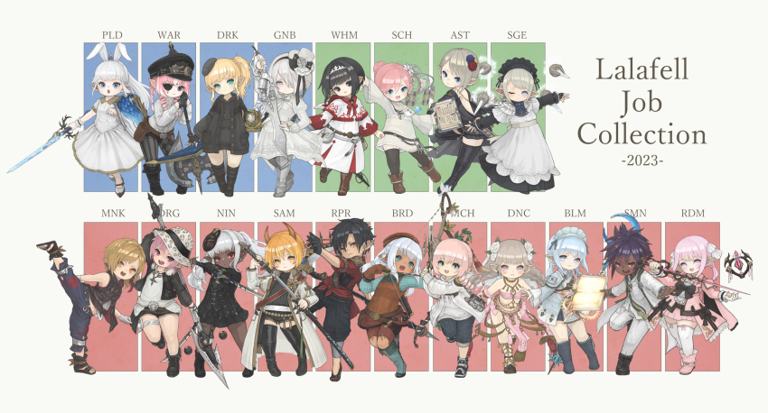 2b_(nier:automata) 2b_(nier:automata)_(cosplay) 2boys 6+girls animal_ears animal_print arm_behind_head armor armpits arrow_(projectile) ascot astrologian_(final_fantasy) asymmetrical_legwear axe balancing bandaged_ankle bandaged_hand bandages bard_(final_fantasy) belt belt_pouch beret black_ascot black_cape black_dress black_footwear black_gloves black_hair black_headdress black_headwear black_hoodie black_jacket black_mage_(final_fantasy) black_nails black_pants black_ribbon black_shirt black_shorts black_skirt black_socks black_sweater black_thighhighs blonde_hair blue_collar blue_dress blue_eyes blue_footwear blue_hair blue_pants blue_shirt blue_shorts blush blush_stickers book boots bow_(weapon) braid braided_ponytail brown_eyes brown_footwear brown_gloves brown_hair brown_headwear brown_vest cape capelet card chakram checkered_clothes checkered_legwear cleavage_cutout closed_mouth clothing_cutout coat coat_of_arms collar color-coded cosplay cross cross_necklace dagger dancer dancer_(final_fantasy) dark-skinned_female dark_knight_(final_fantasy) dark_skin demon_horns denim denim_shorts detached_sleeves dot_mouth dragoon_(final_fantasy) dress drill_hair dual_wielding earrings english_text eyebrows_hidden_by_hair eyepatch fairy fake_animal_ears fedora final_fantasy final_fantasy_xiv fingernails flat_cap flat_chest flower full_body gloves glowing glowing_weapon goggles goggles_on_headwear gold_trim greatsword greaves green_eyes grey_hair grimoire grin gun gunblade gunbreaker_(final_fantasy) hair_between_eyes hair_bun hair_flower hair_ornament hair_over_one_eye hat hat_flower hat_ribbon head_tilt high_heel_boots high_heels high_kick highres holding holding_axe holding_behind_back holding_book holding_bow_(weapon) holding_card holding_dagger holding_gun holding_knife holding_scythe holding_shield holding_staff holding_sword holding_weapon holding_weapon_behind_back hood hoodie horns jacket jewelry kicking knee_boots knife lalafell large_ribbon leaning_forward leaning_on_weapon leaning_to_the_side leopard_print light_blue_hair light_blush light_smile lips long_bangs long_hair looking_at_viewer machinist_(final_fantasy) mage_staff maid maid_headdress mask mask_on_head medium_hair mini_hat mini_top_hat monk_(final_fantasy) multicolored_hair multiple_boys multiple_girls nail_polish navel neck_ribbon necklace ninja_(final_fantasy) one_eye_closed open_mouth orange_eyes outstretched_arm paladin_(final_fantasy) pants partially_fingerless_gloves pink_boots pink_cape pink_eyes pink_hair pink_jacket pink_sleeves pointy_ears ponytail pouch puffy_sleeves puluie purple_hair rabbit_ears rapier reaper_(final_fantasy) red_eyes red_mage_(final_fantasy) red_ribbon red_shirt red_shorts red_skirt ribbon ring robe sage_(final_fantasy) samurai_(final_fantasy) sandals scabbard scholar_(final_fantasy) scrunchie scythe shadow sharp_fingernails sheath shield shirt shoes short_hair short_shorts shorts shoulder_pads side_ponytail side_slit simple_background single_earring skirt smile smug sneakers socks spiked_hair split staff standing standing_on_one_leg standing_split streaked_hair striped_clothes striped_socks striped_thighhighs summoner_(final_fantasy) sweater sword tarot tarot_card teeth thigh_boots thigh_strap thighhighs tiara tiptoes toes top_hat triangle_mouth tunic twin_braids twin_drills twintails two-tone_dress unsheathing upper_teeth_only veil vest waist_ribbon walking warrior_(final_fantasy) warrior_of_light_(ff14) weapon white_ascot white_capelet white_coat white_collar white_dress white_eyes white_flower white_hair white_headwear white_hoodie white_jacket white_mage_(final_fantasy) white_pants white_ribbon white_robe white_shirt white_shorts white_thighhighs white_tunic wide_sleeves wrist_scrunchie zettai_ryouiki
