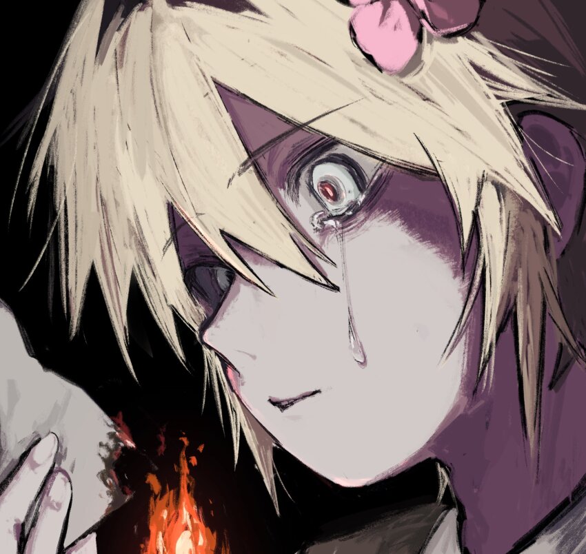 1boy basil_(faraway)_(omori) basil_(omori) blonde_hair blue_eyes close-up closed_mouth crying crying_with_eyes_open double-parted_bangs fire flower hair_between_eyes hair_flower hair_ornament highres holding holding_photo madai_(si_202) male_focus omori photo_(object) short_hair sidelocks solo tears upper_body