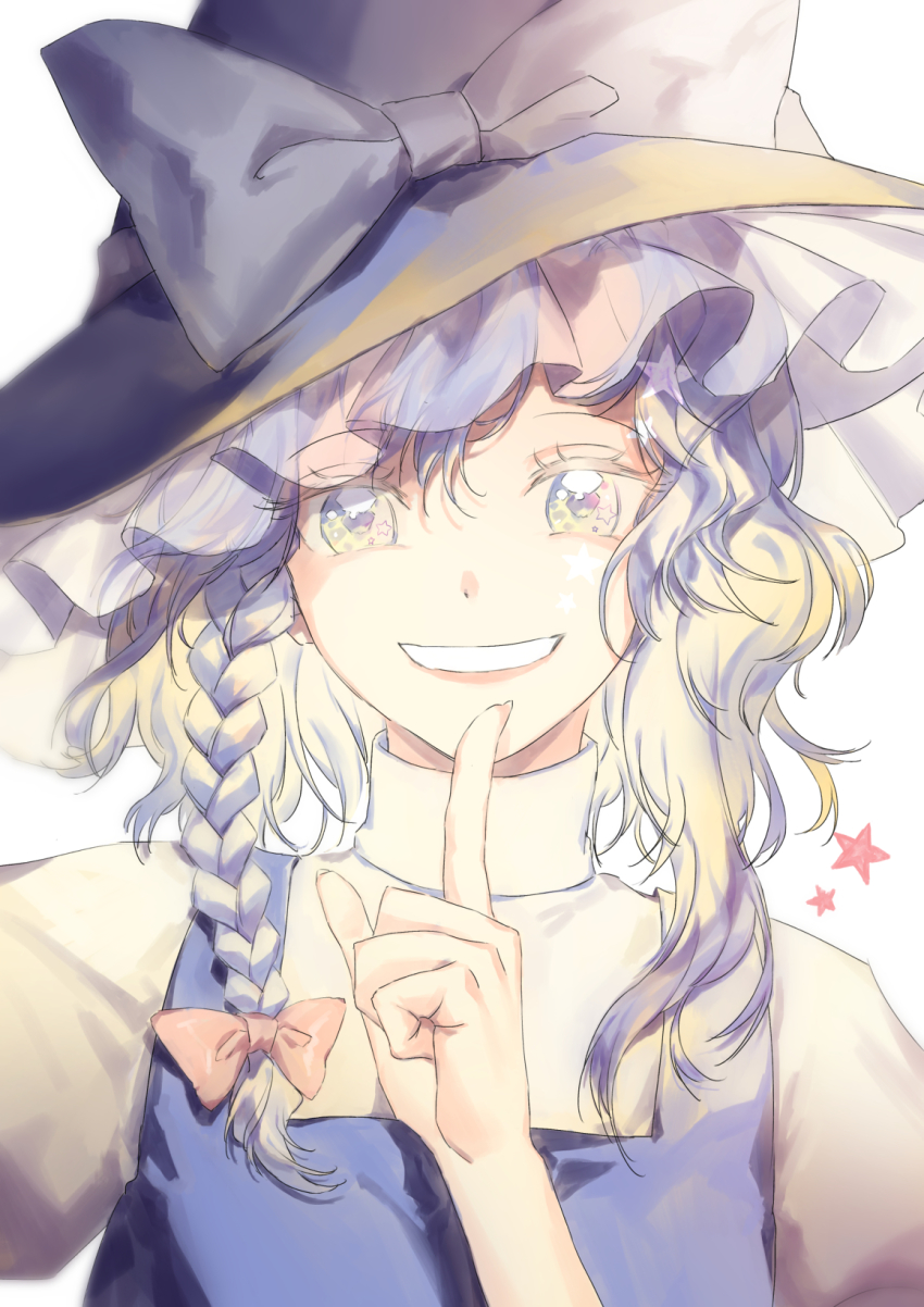 1girl ama_asagi black_hat black_vest blonde_hair bow braid commentary finger_to_own_chin hair_bow hand_up hat hat_bow highres kirisame_marisa looking_at_viewer medium_hair red_bow shirt simple_background single_braid smile solo star_(symbol) teeth touhou upper_body vest white_background white_bow white_shirt witch_hat yellow_eyes