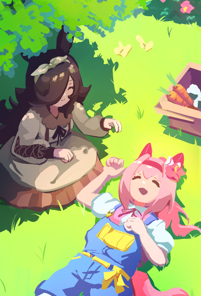 2girls absurdres ago_(owenanaken) animal_ears blue_overalls bow bow_hairband brown_dress brown_hair brown_ribbon bug butterfly carrot casual closed_eyes closed_mouth collared_dress day dress ear_bow ear_covers flipped_hair flower food grass hair_flower hair_ornament hair_over_one_eye hairband haru_urara_(casual)_(umamusume) haru_urara_(umamusume) headband highres horse_ears horse_girl horse_tail insect long_hair long_sleeves lying multiple_girls official_alternate_costume on_back onigiri open_mouth outdoors overall_shorts overalls picnic_basket pink_hair pink_headband pink_shirt ponytail red_headband ribbon rice_shower_(casual)_(umamusume) rice_shower_(umamusume) shirt short_sleeves sitting smile tail tree umamusume white_hairband