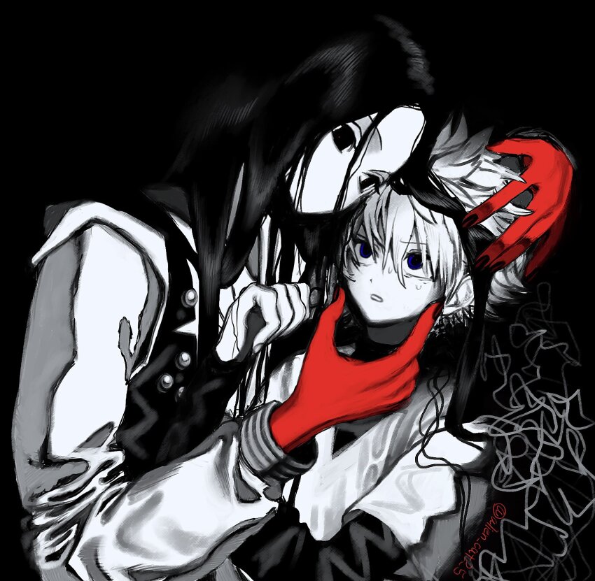 2boys androgynous black_background black_eyes black_hair blue_eyes brothers child colored_extremities distress empty_eyes highres hunter_x_hunter illumi_zoldyck killua_zoldyck kurotani_(alien_cat25) layered_sleeves long_hair long_sleeves male_focus multiple_boys no_mouth partially_colored red_hands scared short_hair short_over_long_sleeves short_sleeves siblings sweat twitter_username white_hair