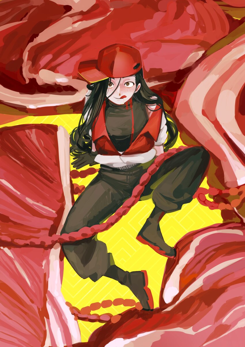 1girl :p absurdres backwards_hat baseball_cap black_boots black_hair black_pants black_shirt blush boots brown_eyes butcher_vanity_(synthesizer_v) commentary drooling english_commentary food hat heart heart-shaped_pupils highres hungry intestines jacket long_hair meat open_clothes open_jacket pants popotocurry red_hat red_trim shirt single_bare_shoulder sitting solo surrounded symbol-shaped_pupils synthesizer_v tongue tongue_out white_jacket yellow_background yi_xi_(synthesizer_v)