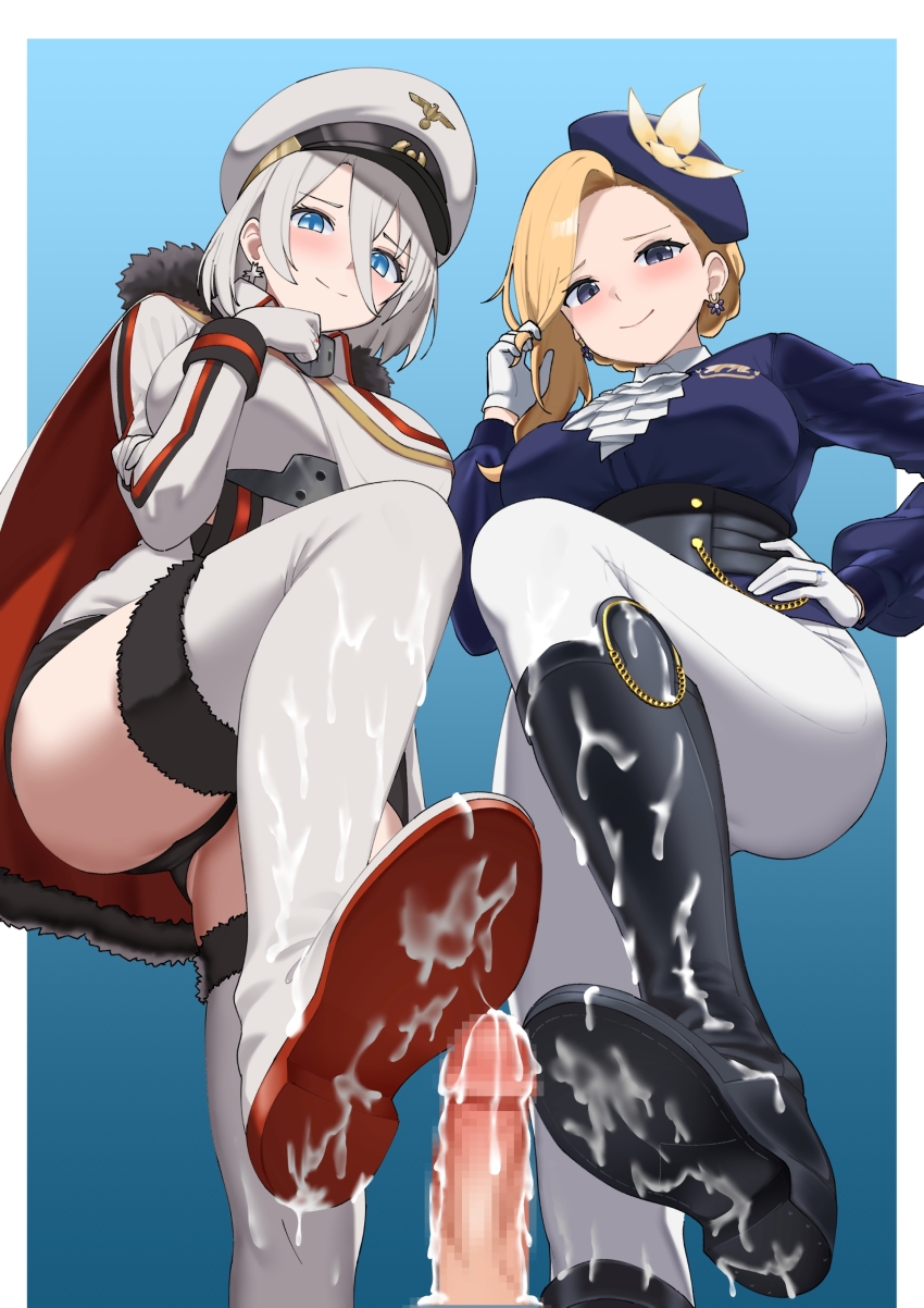 2girls absurdres arm_under_breasts azur_lane black_boots black_panties blonde_hair blue_background blue_eyes blue_hat blush bootjob boots border breasts cape censored commentary commission cum cum_on_body cum_on_legs dress earrings english_commentary footjob fur-trimmed_boots fur-trimmed_cape fur_trim gloves gradient_background hair_between_eyes hand_on_own_chin hand_on_own_hip hat hetero highres hood_(azur_lane) hood_(gentlewoman_and_stallion)_(azur_lane) jacket jewelry large_breasts long_hair long_sleeves looking_at_viewer military_uniform mosaic_censoring multiple_girls panties pants parallelrey peaked_cap penis riding_boots riding_outfit shoe_soles shoejob short_hair smile standing tanaka_atsuko thigh_boots tirpitz_(azur_lane) underwear voice_actor_connection white_boots white_border white_cape white_gloves white_hair white_hat white_pants