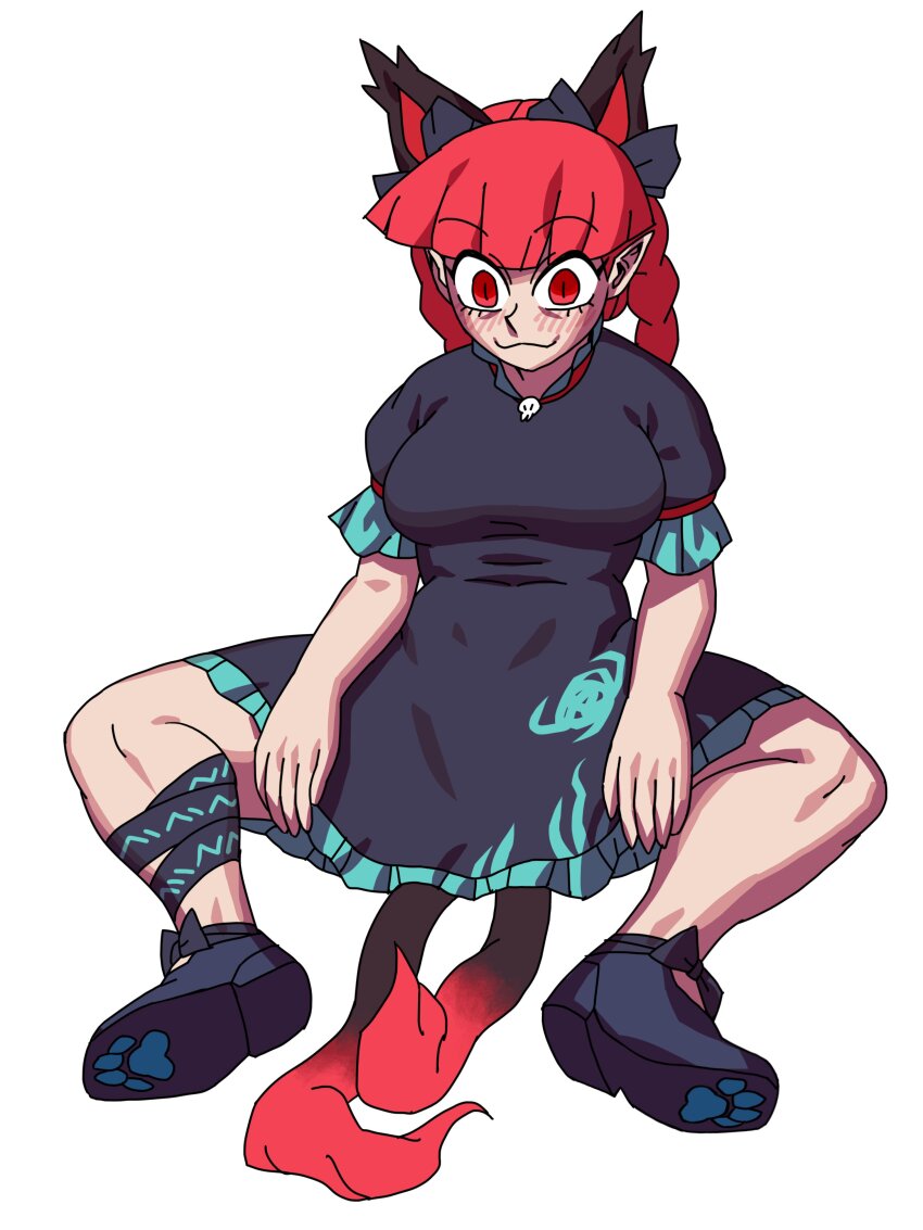 1girl :3 absurdres animal_ears ankle_ribbon black_bow black_dress black_shoes blush bow braid breasts cat_ears cat_tail dress eddybird55555 extra_ears frilled_dress frills hair_bow highres kaenbyou_rin leg_ribbon multiple_tails paw_print_soles pointy_ears red_eyes red_hair ribbon shoes simple_background sitting skull solo tail touhou twin_braids two_tails white_background wide-eyed