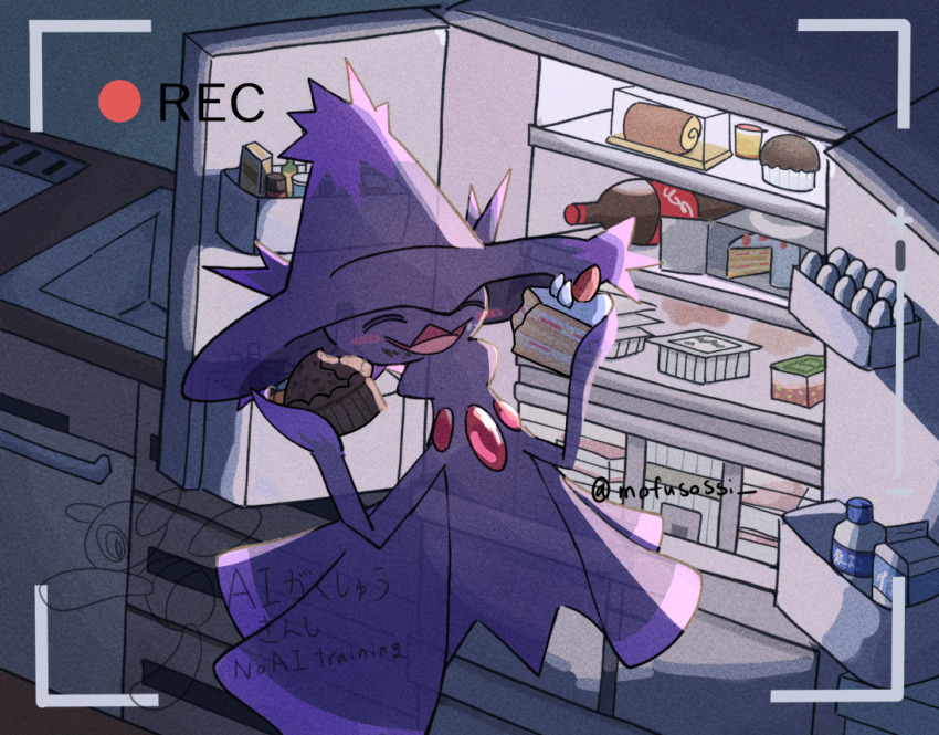 blush cake cake_slice carton closed_eyes commentary_request egg floating food food_on_face fruit gen_4_pokemon holding holding_cake holding_food mismagius mosseso_sefu muffin nintendo no_humans open_mouth pokemon pokemon_(creature) porygon-z recording refrigerator refrigerator_interior see-through_body sink smile soda_bottle solo strawberry twitter_username watermark