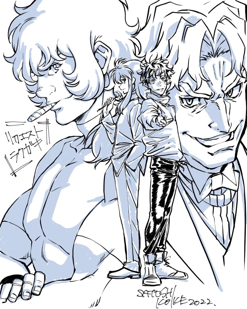 2022 baccano! character_request cigar closed_mouth cobra_(space_adventure_cobra) flower formal_clothes greyscale highres koike_satoshi kurama_(yu_yu_hakusho) ladd_russo long_hair long_sleeves looking_at_viewer male_focus monochrome multiple_boys rose school_uniform short_hair simple_background smile space_adventure_cobra suit white_background yuu_yuu_hakusho