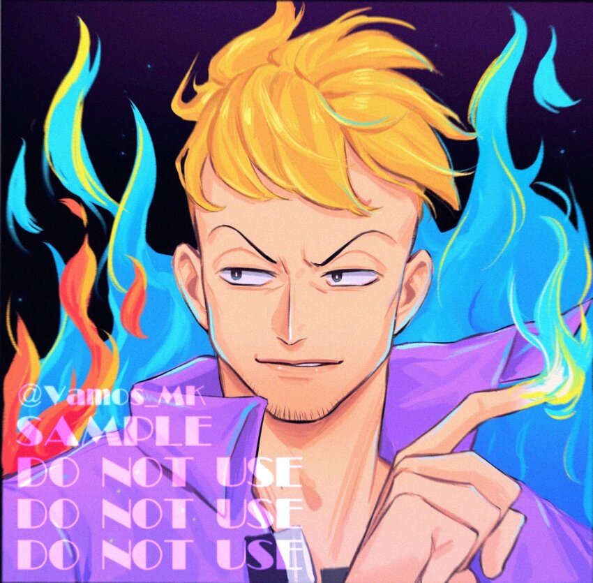 1boy black_background blonde_hair blue_fire collared_jacket commission facial_hair fire goatee_stubble highres jacket male_focus marco_(one_piece) one_piece parted_lips pyrokinesis short_hair sideways_glance solo stubble twitter_username upper_body v-shaped_eyebrows vamos_mk watermark