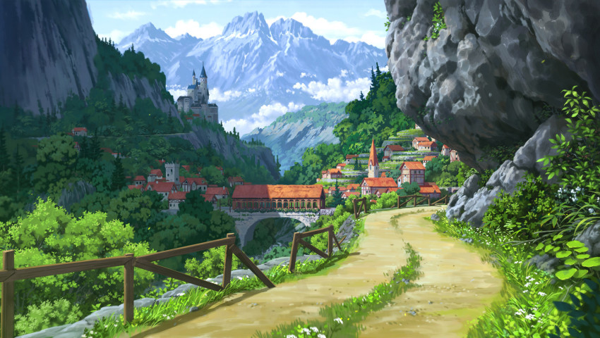 bridge building castle cloud commentary day dirt_road english_commentary flower grass lorenzo_lanfranconi mountain no_humans original railing road scenery sky town tree valley