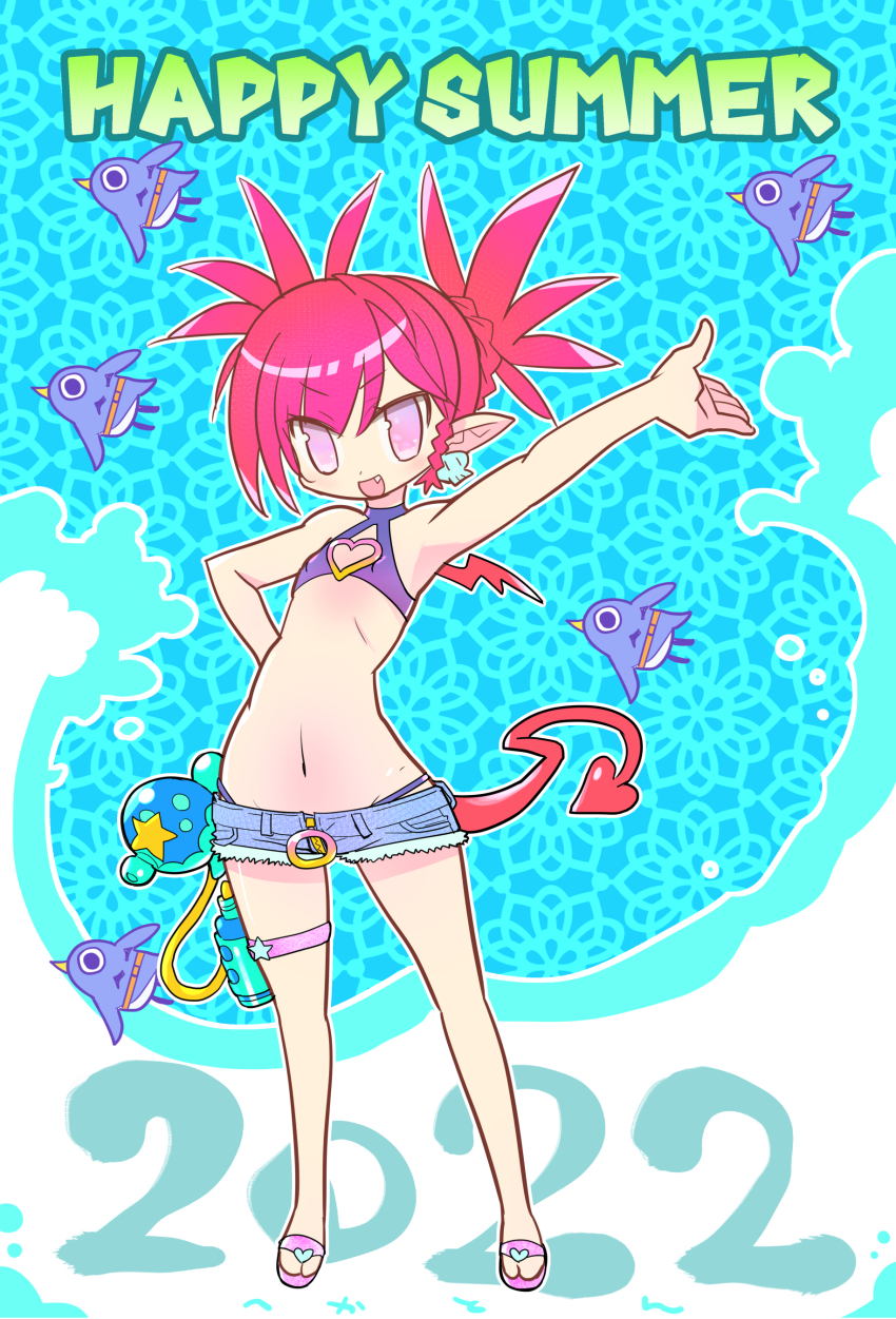 1girl 2022 absurdres arm_up denim denim_shorts disgaea etna_(disgaea) fang flat_chest full_body hekaton highres navel open_mouth pear-shaped_figure pink_eyes prinny red_hair sandals short_shorts shorts smile solo
