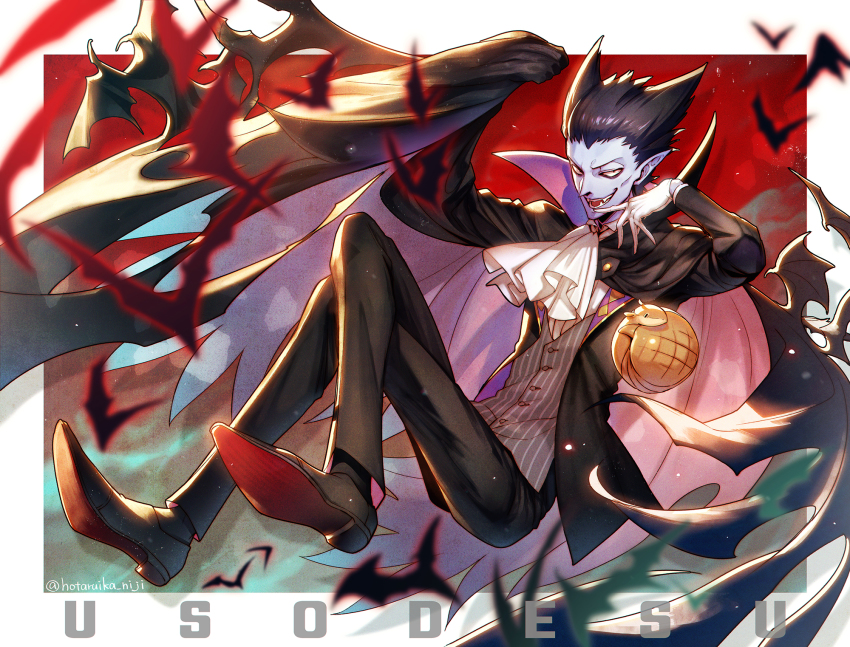 1boy animal armadillo ascot bat_(animal) black_cape black_hair black_pants black_suit cape colored_skin commentary_request draluc_(kyuuketsuki_sugu_shinu) fangs floating formal_clothes gloves grey_skin hand_up highres hotaruika_niji john_(kyuuketsuki_sugu_shinu) kyuuketsuki_sugu_shinu male_focus pants pointy_ears shoes suit vampire vest white_ascot white_gloves