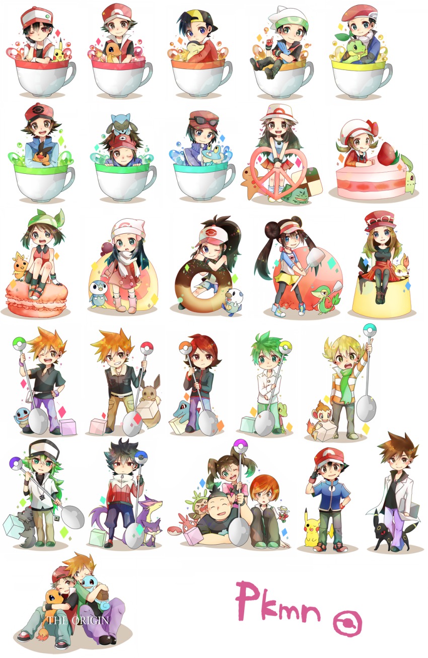 00s 10s 6+boys 6+girls ash_ketchum bad_id bad_pixiv_id barry_(pokemon) baseball_cap beanie beret black_hair black_legwear blonde_hair blue_oak blue_oak_(pokemon_frlg) blue_oak_(pokemon_hgss) brendan_(pokemon) brown_hair bulbasaur cake cake_slice calem_(pokemon) charmander checkerboard_cookie chespin chikorita chimchar cookie cup cyndaquil dawn_(pokemon) donut eevee ethan_(pokemon) everyone fennekin fingerless_gloves fire flabebe flabebe_(red_flower) flame-tipped_tail floette food froakie fruit gary_oak gen_1_pokemon gen_2_pokemon gen_3_pokemon gen_4_pokemon gen_5_pokemon gen_6_pokemon gloves green_hair hand_on_headwear hat highres hilbert_(pokemon) hilda_(pokemon) hug hugh_(pokemon) in_container in_cup lab_coat leaf_(pokemon) liepard lucas_(pokemon) lyra_(pokemon) macaron may_(pokemon) may_(pokemon_emerald) mudkip multiple_boys multiple_girls n_(pokemon) nate_(pokemon) nintendo on_head orange_hair oshawott pantyhose pikachu piplup pokemon pokemon_(anime) pokemon_(creature) pokemon_bw pokemon_bw2 pokemon_dppt pokemon_frlg pokemon_hgss pokemon_on_head pokemon_origins pokemon_rse pokemon_xy porkpie_hat pudding purrloin raglan_sleeves red_(pokemon) red_(pokemon_frlg) riolu rosa_(pokemon) salute scarf serena_(pokemon) shauna_(pokemon) silver_(pokemon) sitting smile snivy spoon squirtle standing starter_pokemon_trio strawberry sugar_cube sweets tail tepig tierno_(pokemon) torchic totodile treecko trevor_(pokemon) turtwig umbreon visor yuusa-y zorua