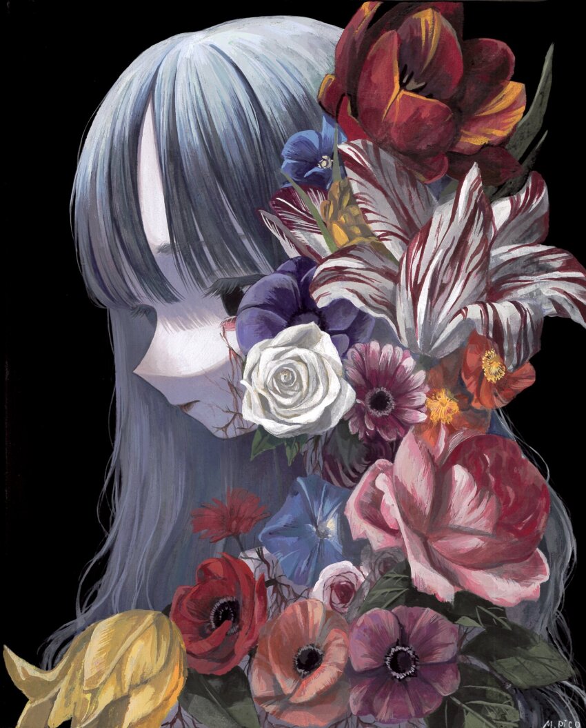 1girl anemone_(flower) bags_under_eyes black_background black_eyes colored_eyelashes flower flower_request from_side grey_hair highres long_hair monou_pico morning_glory multicolored_flower original pale_skin pink_flower plant_roots portrait profile purple_flower red_flower rose signature simple_background solo traditional_media white_flower white_rose yellow_flower