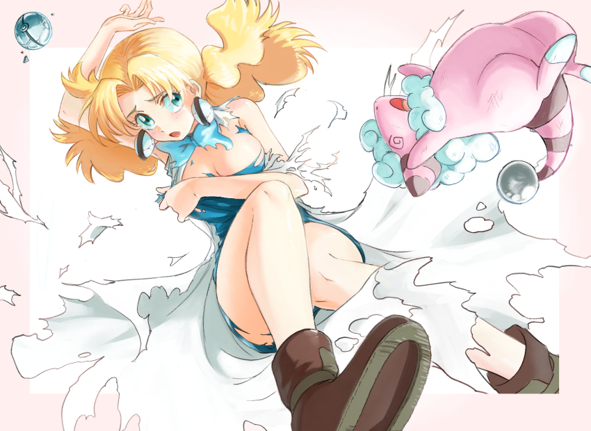 1girl :o @_@ aqua_eyes arm_up blonde_hair blue_bow blue_bowtie boots bow bowtie breasts brown_footwear coat commentary_request commission curtained_hair dress earrings eyelashes flaaffy floating_hair gen_2_pokemon highres jewelry knees long_hair molly_hale nintendo open_clothes open_coat pixiv_commission poke_ball pokemon pokemon_(anime) pokemon_(classic_anime) pokemon_(creature) pokemon_3:_the_movie_-_spell_of_the_unown:_entei spiral-only_eyes torn_clothes torn_coat torn_dress u4_99384295 white_background white_coat