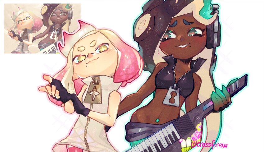 2girls black_gloves black_hair blush breasts cephalopod_eyes closed_mouth commentary crop_top crown dark-skinned_female dark_skin english_commentary fingerless_gloves furrowed_brow game_screenshot_inset gloves green_hair headphones highres holding holding_instrument inkling instrument jacket keytar looking_at_another louwaldo marina_(off_the_hook_outfit)_(splatoon) marina_(splatoon) medium_hair mole mole_under_mouth multiple_girls navel_piercing nintendo pearl_(off_the_hook_outfit)_(splatoon) pearl_(splatoon) piercing red_pupils sleeveless sleeveless_jacket smile splatoon_(series) splatoon_3 star-shaped_pupils star_(symbol) symbol-shaped_pupils tentacle_hair thick_eyebrows very_dark_skin white_background white_jacket yellow_eyes zipper zipper_pull_tab