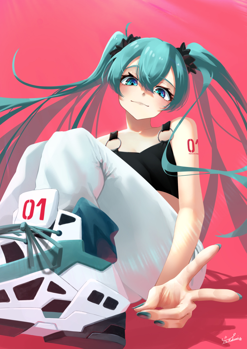 1girl absurdres aqua_eyes aqua_hair aqua_nails black_camisole blue_eyes camisole double-parted_bangs foreshortening hair_ornament hatsune_miku highres light_rays long_hair looking_at_viewer miku_day pants red_background scrunchie signature simple_background solo sportswear tattoo twintails v very_long_hair vocaloid white_footwear white_pants yurakusai