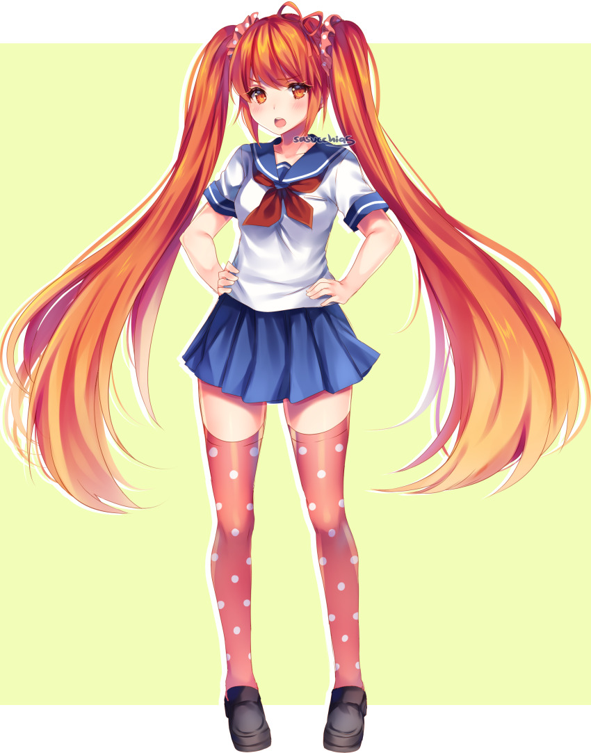 1girl absurdres artist_name black_shoes blue_sailor_collar blue_skirt blush border collarbone commentary english_commentary full_body green_background hair_ornament hair_ribbon hair_scrunchie hands_on_own_hips highres loafers long_hair miniskirt neckerchief orange_eyes orange_hair orange_ribbon orange_scrunchie orange_thighhighs osana_najimi_(yandere_simulator) outside_border pleated_skirt polka_dot polka_dot_thighhighs red_neckerchief ribbon sailor_collar sasucchi95 school_uniform scrunchie shirt shoes short_sleeves simple_background skirt solo standing teeth thighhighs tongue twintails two-tone_thighhighs upper_teeth_only very_long_hair white_border white_shirt yandere_simulator zettai_ryouiki