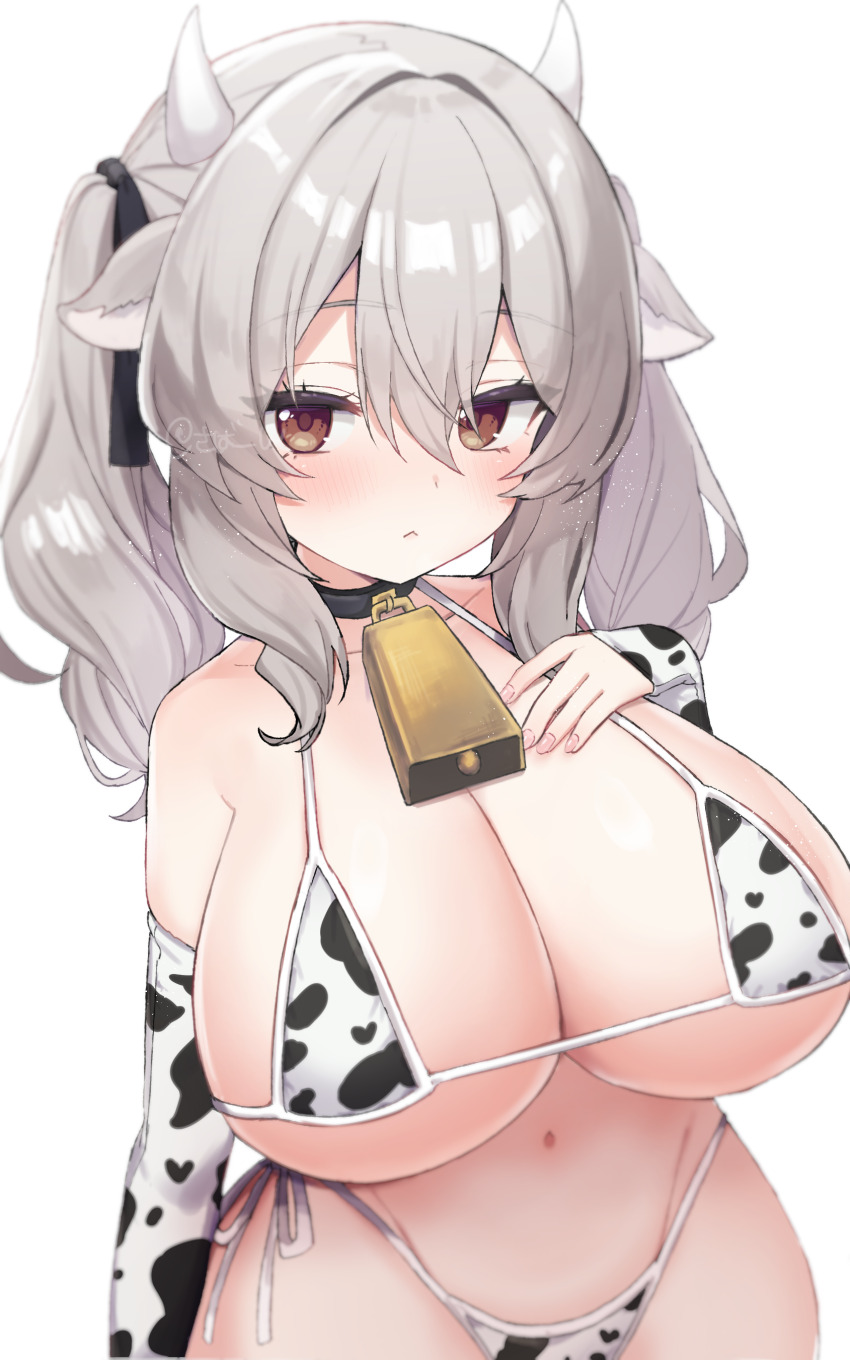 1girl :&lt; absurdres akikan_sabako animal_ears animal_print bare_shoulders bell bikini black_collar black_ribbon blush breasts brown_eyes choker cleavage closed_mouth collar collarbone commentary cow_ears cow_girl cow_horns cow_print cow_print_bikini cow_tail cowbell cowboy_shot curvy detached_sleeves elbow_gloves gloves grey_hair hair_between_eyes hair_ribbon hand_on_own_chest highleg highres horns huge_breasts large_breasts long_hair looking_at_viewer medium_hair micro_bikini milltina_(vrchat) navel neck_bell print_bikini ribbon side-tie_bikini_bottom sidelocks simple_background skindentation solo swimsuit tail thick_thighs thighhighs thighs twintails twitter_username underboob vrchat wavy_hair white_background white_bikini white_thighhighs wide_hips