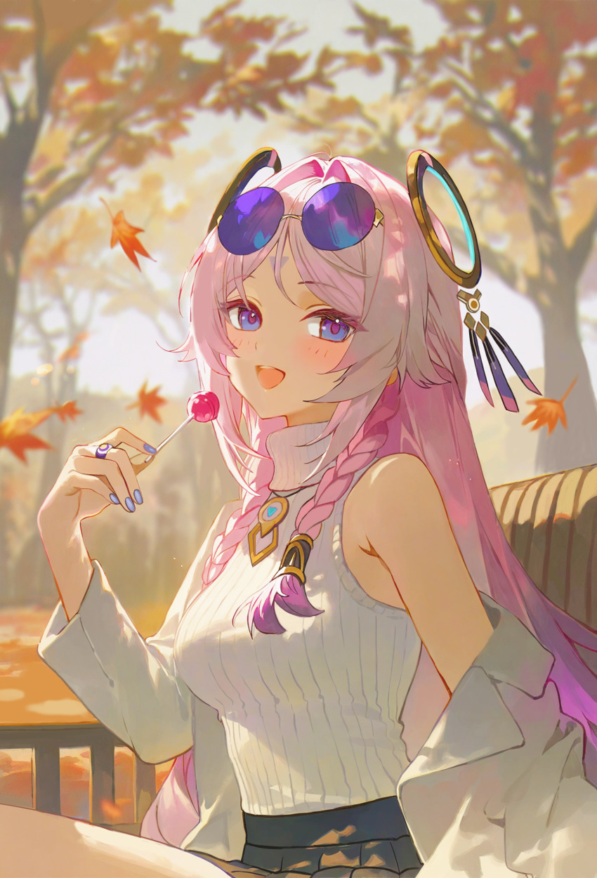 1girl absurdres alternate_costume ao_(ao_alice22) autumn autumn_leaves bench black_skirt blue-tinted_eyewear blue_eyes blue_nails blush braid breasts candy citlali_(genshin_impact) commentary contemporary cowboy_shot day eyewear_on_head facial_mark falling_leaves floating_headgear food forehead_mark from_side genshin_impact gradient_hair hair_intakes highres holding holding_candy holding_food holding_lollipop jacket jewelry leaf lollipop long_hair looking_at_viewer medium_breasts miniskirt multicolored_hair nail_polish necklace open_clothes open_jacket open_mouth outdoors parted_bangs pink_hair pleated_skirt purple_hair ribbed_sweater ring ring_hair_ornament round_eyewear side_braids single_off_shoulder skirt sleeveless sleeveless_sweater sleeveless_turtleneck smile solo sunglasses sweater sweater_tucked_in tinted_eyewear tree triangle triangle_facial_mark turtleneck turtleneck_sweater twin_braids two-tone_hair white_jacket