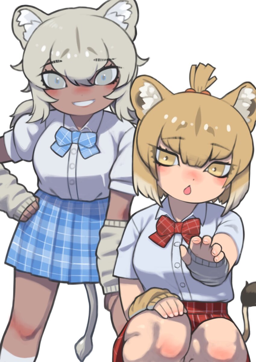 2girls :&lt; animal_ears blonde_hair blue_bow blue_bowtie blue_skirt blush bow bowtie collared_shirt dark-skinned_female dark_skin detached_sleeves grey_eyes hair_between_eyes hair_tie highres kemono_friends kemono_friends_3 lion_ears lion_girl lion_tail long_hair looking_at_viewer masai_lion_(kemono_friends) multicolored_hair multiple_girls open_mouth plaid_bow plaid_bowtie plaid_clothes plaid_skirt pleated_skirt puffy_short_sleeves puffy_sleeves red_bow red_bowtie red_skirt rinx school_uniform shirt short_hair short_sleeves sidelocks skirt sleeves_past_wrists smile socks squatting t-shirt tail thumb_hole_sleeves transvaal_lion_(kemono_friends) white_hair white_shirt white_sleeves white_socks yellow_eyes yellow_sleeves
