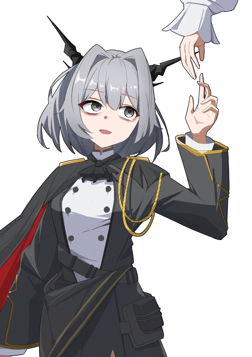1girl 1other absurdres aiguillette arknights arm_up black_cape black_eyes black_horns black_jacket cape commentary fubou_(0503oekaki24) grey_hair hair_intakes highres horns jacket long_sleeves looking_up open_mouth out_of_frame red_cape sad_smile short_hair simple_background solo_focus talulah_(arknights) talulah_the_fighter_(arknights) tearing_up two-sided_cape two-sided_fabric white_background