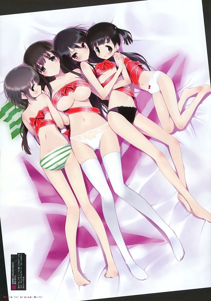 4girls absurdres accel_world areola_slip bare_shoulders barefoot black_eyes black_hair black_panties blush breasts brown_hair cleavage collarbone female_focus highres hima hug kurasaki_fuuko kuroyukihime kusakabe_rin large_breasts long_hair multiple_girls navel nipples_covered no_bra official_art panties ponytail red_eyes ribbon shinomiya_utai short_hair sideboob small_breasts striped_clothes striped_panties thighhighs thighs topless_female underwear white_panties white_thighhighs