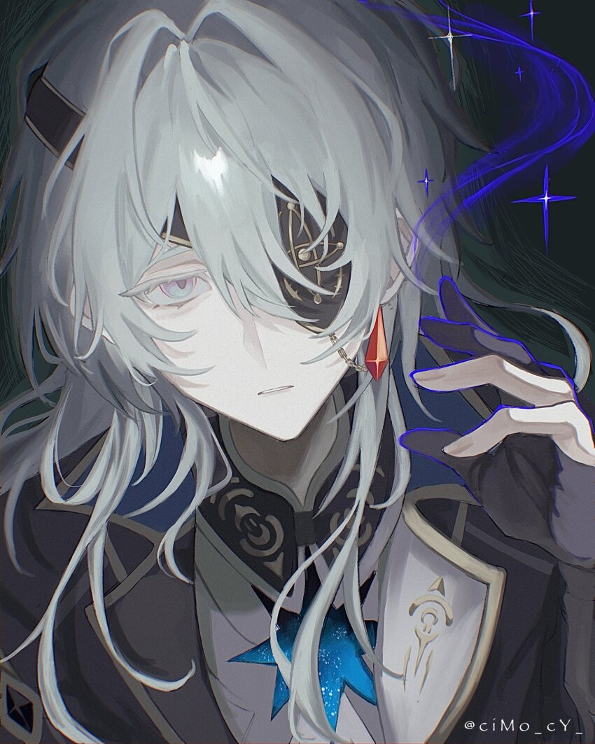 1boy anaxa_(honkai:_star_rail) aqua_eyes aqua_hair black_background black_coat black_gloves chain coat collared_coat colored_eyelashes crystal_earrings cyn_ouo dark earrings eyepatch from_above gloves gold_chain hair_between_eyes hair_intakes hand_up highres hole_in_chest hole_on_body honkai:_star_rail honkai_(series) jewelry long_hair looking_to_the_side low_ponytail male_focus multicolored_eyes parted_lips partially_fingerless_gloves pink_eyes ponytail raised_inner_eyebrows side_ponytail solo sparkle swirl white_undershirt