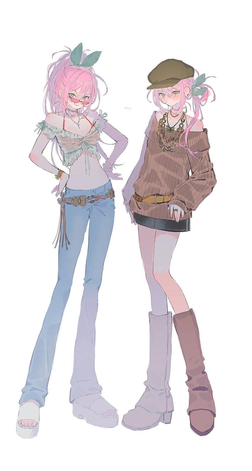 2girls 673_q alternate_costume alternate_hairstyle artist_name aubrey_(faraway)_(omori) aubrey_(omori) bare_shoulders belt bikini bikini_top_only black_skirt blush boots bow bracelet breasts brown_belt brown_boots butterfly_necklace cabbie_hat chain chain_necklace choker cleavage closed_mouth collarbone commentary crop_top denim denim_skirt double-parted_bangs dual_persona english_commentary flat_chest front-tie_top full_body glasses gold_necklace green_bow green_hat hair_between_eyes hair_bow halftone hands_on_own_hips hat high_ponytail highres jewelry knee_boots knees_together_feet_apart legs legs_apart long_hair long_legs long_sleeves looking_at_viewer medium_breasts miniskirt multiple_girls navel necklace off-shoulder_sweater off_shoulder omori open-toe_shoes open_mouth pink-tinted_eyewear pink_hair ponytail puffy_long_sleeves puffy_sleeves red_bikini ribbed_sweater see-through_clothes see-through_shirt shirt shoes short_sleeves side-by-side side_ponytail sidelocks simple_background skirt smile standing sweater swimsuit tinted_eyewear toes white_background white_shirt white_shoes