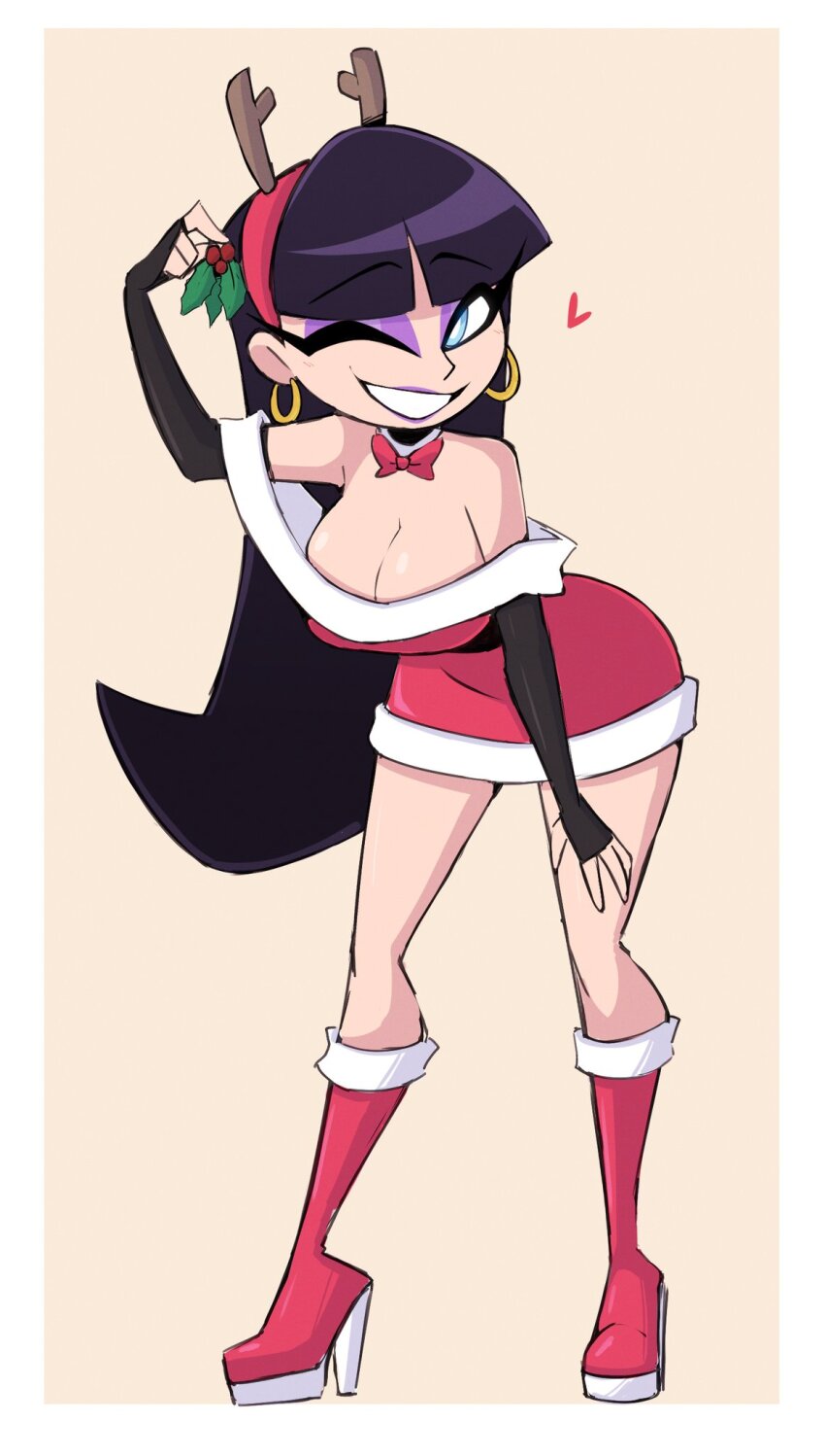 1girl 2024 antlers aqua_eyes arm_up asian ass athletic bare_legs bare_shoulders bent_forward bent_over big_breasts black_armwear black_fingerless_gloves black_gloves black_hair blue_eyes blue_hair blush boots border breasts christmas christmas_clothing christmas_headwear christmas_outfit cleavage clenched_teeth clothes collar curvy deer_horns detached_collar dress earrings elbow_gloves eyebrows eyelashes eyeshadow female_focus fingerless_gloves full_body gloves gold gold_earrings hair_ornament hanging_breasts headgear heart high_heel_boots high_heels highres horns huge_ass jewelry knee_boots kneehigh_boots large_breasts lips lipstick long_hair looking_at_viewer makeup mascara mistletoe narrow_waist nelljoestar nickelodeon no_bra one_eye_closed pale_skin partially_nude purple_eyeshadow purple_lips raised_arm raised_eyebrows red_dress red_ribbon revealing_clothes ribbon seductive_smile shiny_clothes shiny_skin shoes simple_background skin_tight smile solo standing tagme teeth the_fairly_oddparents thick_thighs thighs tight_clothes tight_dress toned toned_female topless_female trixie_tang white_border wide_hips wink