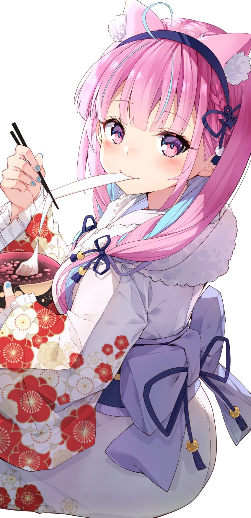 1girl absurdres ahoge anchor_symbol animal_ear_fluff animal_ears blue_hair blue_nails blush bow bowl breasts cat_ears chopsticks commentary darjeeling_(reley) floral_print food hair_ribbon hairband highres holding holding_bowl holding_chopsticks hololive invisible_chair japanese_clothes kimono large_bow light_blue_hair long_hair looking_at_viewer medium_breasts minato_aqua mochi multicolored_hair nail_polish obi pink_eyes pink_hair purple_bow ribbon sash simple_background sitting smile solo soup streaked_hair symbol-only_commentary tress_ribbon two-tone_hair virtual_youtuber white_background white_kimono zouni_soup