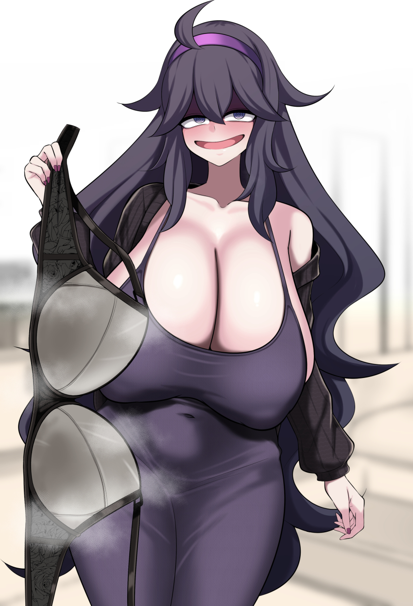 1girl absurdres black_bra blush bra breasts cleavage covered_navel detached_sleeves dress game_freak hair_between_eyes hairband hex_maniac_(pokemon) highres holding holding_bra holding_underwear holding_unworn_clothes huge_breasts kurorettsu long_hair looking_at_viewer nail_polish nintendo open_mouth partially_shaded_face pokemon pokemon_xy presenting_bra purple_dress purple_eyes purple_hair purple_hairband sagging_breasts smell smile solo steaming_clothes underwear unworn_bra very_long_hair