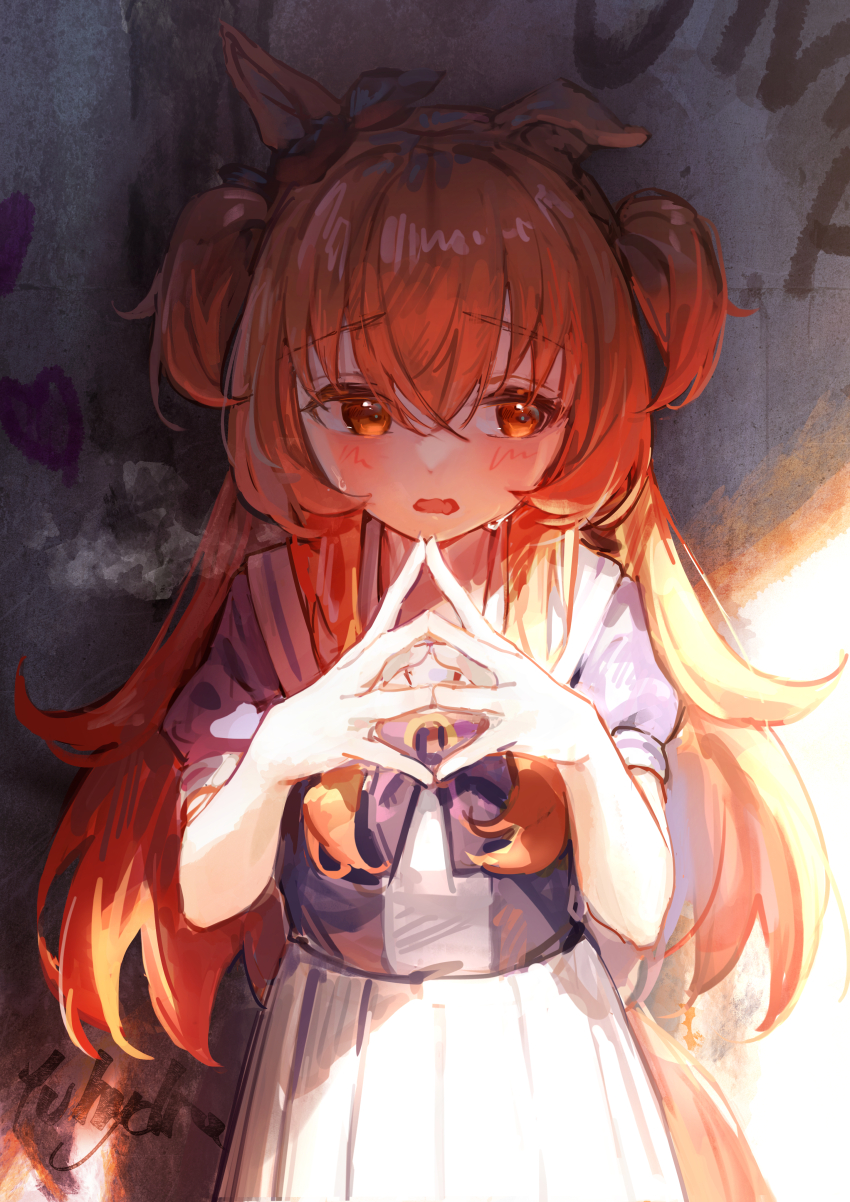 1girl absurdres against_wall animal_ears artist_name blush bow bowtie breath ear_bow hair_between_eyes highres horse_ears horse_girl horse_tail long_hair looking_to_the_side mayano_top_gun_(umamusume) open_mouth orange_eyes orange_hair own_hands_together purple_shirt raised_eyebrows sailor_collar school_uniform shirt short_sleeves skirt solo standing steepled_fingers sweat tail tracen_school_uniform two_side_up umamusume upper_body white_skirt yu_hydra