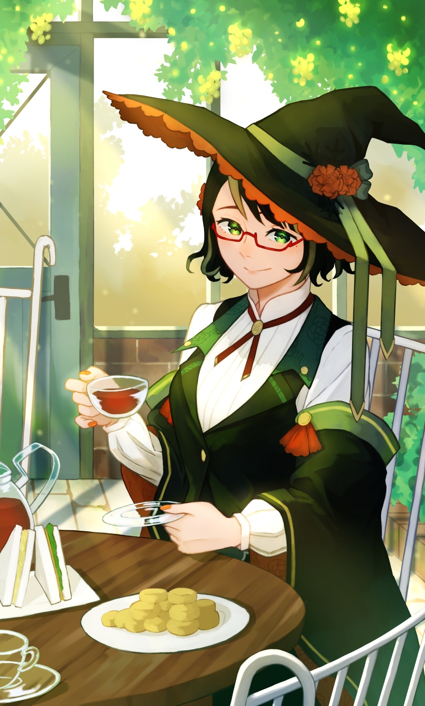 1girl absurdres banana banana_slice breasts brick_wall bush chair clenched_hands closed_mouth coat commission cross_tie cup dappled_sunlight day door door_handle fingernails flower food fruit glass glass_plate glasses green_eyes green_hat green_ribbon green_robe green_theme green_vest hat hat_flower hat_ribbon highres holding holding_cup holding_plate indoors ito_yoshi juice large_breasts light_particles long_sleeves looking_at_viewer nail_polish orange_nails original overcoat plate red-framed_eyewear red_cross_tie red_flower ribbon robe sandwich semi-rimless_eyewear shirt sitting skeb_commission smile solo sunlight table tree under-rim_eyewear vest white_shirt window witch_hat wooden_table