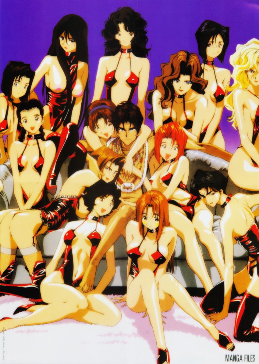 1990s_(style) 1boy 6+girls :d annotated arm_around_neck arm_support ass back bare_legs bare_shoulders barefoot beads bent_over between_breasts between_legs black_hair blonde_hair bob_cut boots braid breasts breasts_apart breasts_out brown_hair carpet center_opening chie_(golden_boy) cleavage clothed_female_nude_male collar couch covered_erect_nipples crossed_legs earrings everyone eyeshadow facial_mark feet fishnet_thighhighs fishnets frills garter_belt garter_straps golden_boy gradient_background groin hair_between_eyes hairband hand_between_legs happy harem hayami_ayuko high_heels highleg highleg_leotard highres hug hug_from_behind jewelry kanzaki_yuka katsuda_ayo katsuda_juzo katsuda_naoko kawamoto_toshihiro kneeling knees_up kogure&#039;s_girlfriend kogure_no_onna large_breasts leaning_forward legs leotard light_smile linea_alba lingerie lipstick long_hair long_legs looking_at_viewer looking_to_the_side makeup manly medium_breasts midorikawa_miho multiple_girls naughty_face navel necklace nipples noriko_(golden_boy) nude official_art on_couch on_floor onna_producer onna_shachou ooe_kintarou open_mouth orange_hair outstretched_arms panties pasties pimp red_footwear red_hair red_thighhighs retro_artstyle revealing_clothes sandals scan shain_a shain_b shain_c shiny_skin shoes short_hair sideboob simple_background sitting smile spread_arms star_(symbol) star_pasties studded_collar tan terayama_reiko thigh_boots thighhighs thong toes twin_braids underwear v_arms very_long_hair wavy_hair yokozuwari