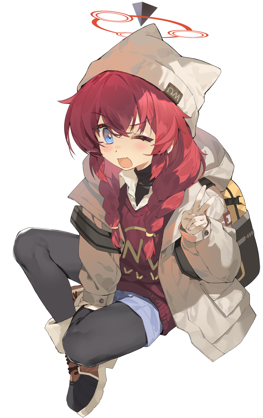absurdres b_zhan_cm_yang black_pantyhose black_shirt blue_archive blue_eyes boots brown_boots cardigan hair_between_eyes highres long_hair maki_(blue_archive) maki_(camp)_(blue_archive) one_eye_closed pantyhose red_cardigan red_hair shirt short_shorts shorts simple_background v white_background white_shirt