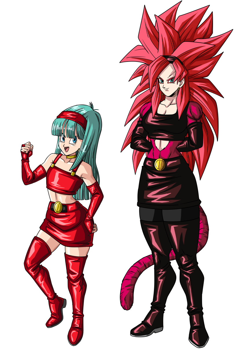 1girl absurdres age_progression arms_behind_back belt belt_buckle black_leggings blue_eyes blue_hair blunt_bangs body_fur boots bra_(dragon_ball) breasts buckle clenched_hands collar dragon_ball dragon_ball_gt earrings elbow_gloves fingerless_gloves flat_chest full_body gloves gold_collar hairband hand_on_own_hip hand_up highres jewelry leggings long_hair midriff monkey_girl monkey_tail multiple_views open_mouth red_boots red_fur red_gloves red_hair red_hairband red_skirt red_tank_top shiny_clothes sidelocks simple_background skirt small_breasts smirk spiked_hair super_saiyan super_saiyan_4 tail tank_top thigh_boots toriyama_akira_(style) un_koshin1402 very_long_hair white_background