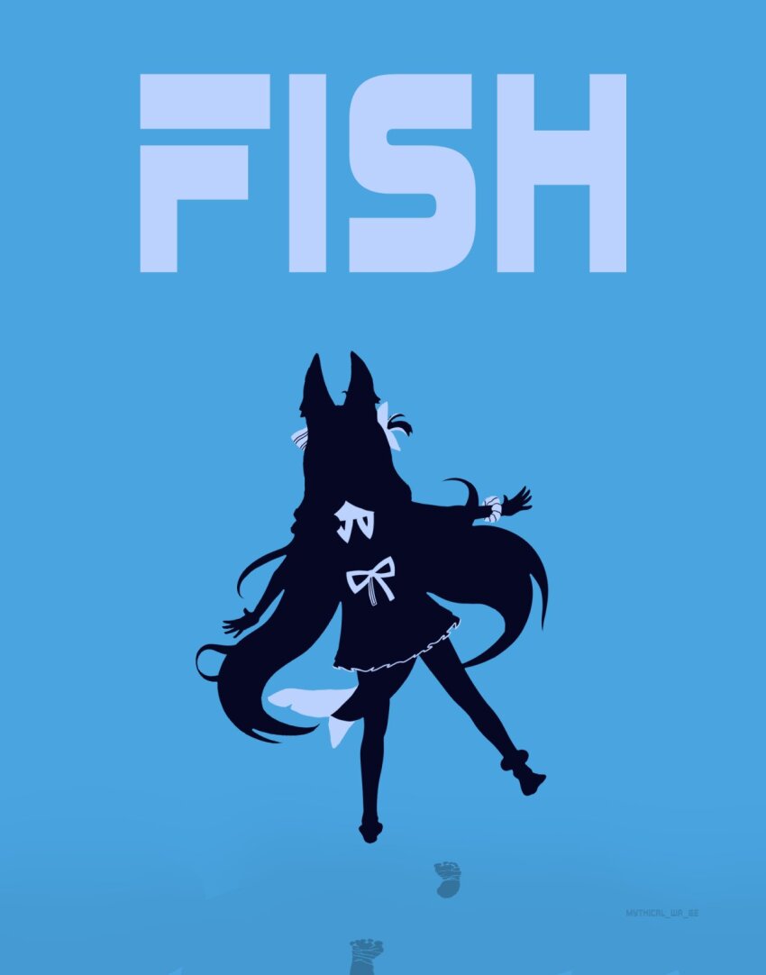 1girl animal_ears artist_name blue_background bow bracelet dress english_text fins fish_tail footprints hair_ornament highres indie_virtual_youtuber jewelry long_hair mythical_wa_ge sameko_saba silhouette simple_background tail virtual_youtuber