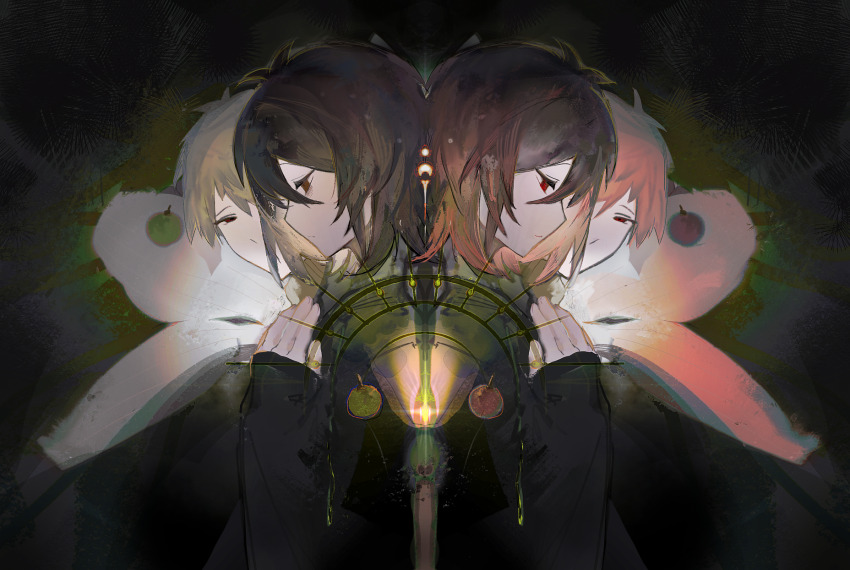 3boys atou_haruki black_hair black_shirt blonde_hair chinese_commentary closed_mouth commentary_request heibaihuabing highres isoi_haruki long_sleeves male_focus medium_hair multiple_boys origin_alpha pink_hair red_eyes saibou_shinkyoku shirt short_hair sleeves_past_wrists spoilers