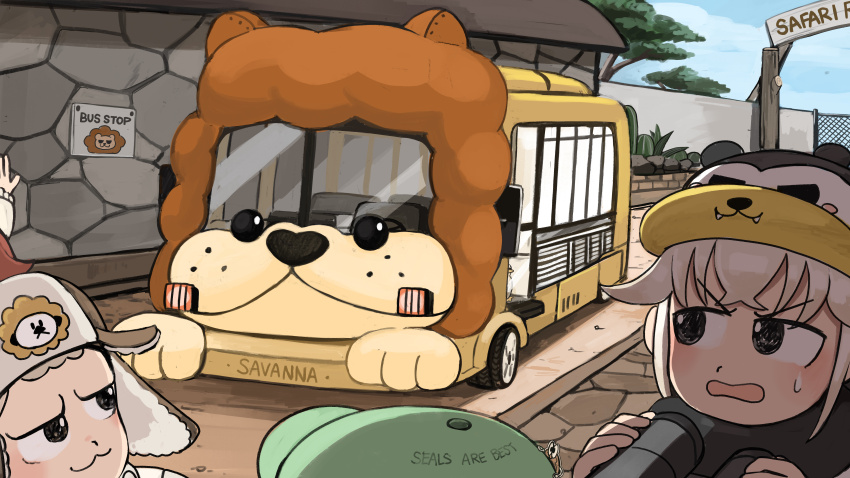 1boy 1other 2girls :3 absurdres animal-themed_vehicle binoculars bird black_eyes black_scarf bus commentary diva_(hyxpk) donut_stamp duck english_commentary green_hat grey_hair hat highres holding holding_binoculars motor_vehicle multiple_girls penguin_keeper_(diva) scarf sea_otter_keeper_(diva) seal_keeper_(diva) sweatdrop tree zoo zookeeper zookeepers_(diva)