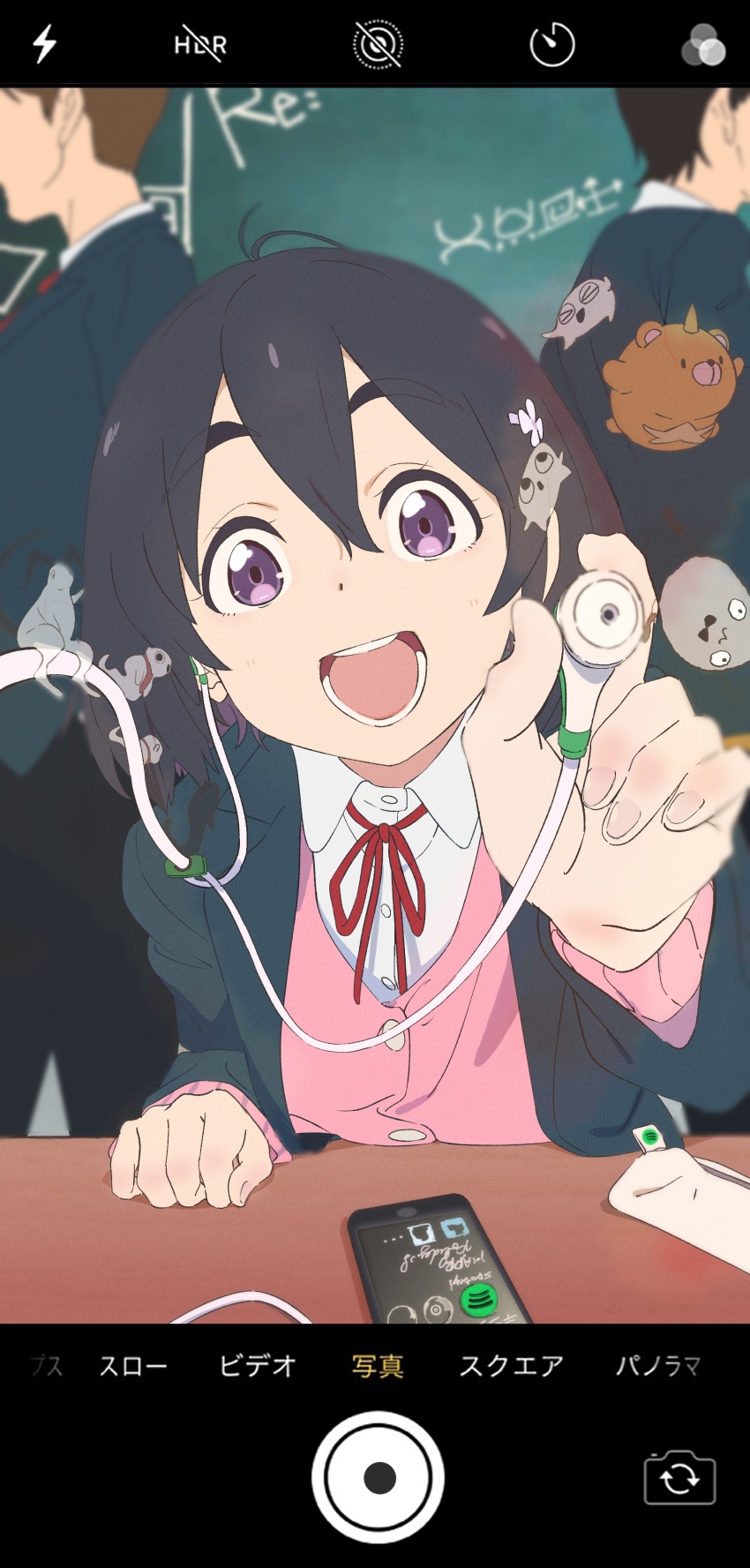 1girl 2boys :d absurdres black_hair blue_jacket brown_hair cellphone clenched_hand desk dot_nose hair_between_eyes headphones highres holding holding_headphones indoors jacket long_sleeves looking_at_viewer lotte_(company) medium_hair momo_(pink_valentine) multiple_boys open_clothes open_jacket open_mouth phone pink_shirt pink_valentine pov purple_eyes reaching reaching_towards_viewer red_ribbon ribbon saitou_atsushi_(kamatamanankotu) school school_desk school_uniform shirt short_hair smartphone smile solo_focus spotify upper_body viewfinder