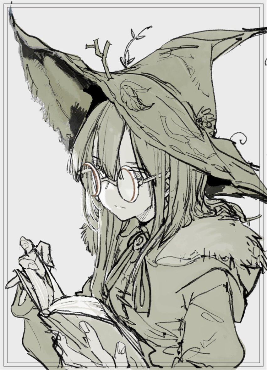 1girl book border closed_mouth commentary fur-trimmed_hood fur_trim glasses greyscale hat highres holding holding_book hood hood_down leaf monochrome original poca38 reading round_eyewear sketch solo symbol-only_commentary turning_page twig upper_body witch witch_hat