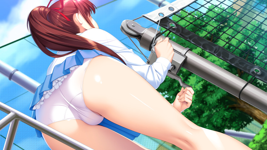 1girl ass bent_over blue_skirt blue_sky brown_hair day doukyuusei_(series) doukyuusei_2 dutch_angle from_behind from_below game_cg hair_ribbon highres layered_skirt long_hair long_sleeves miniskirt official_art outdoors panties pleated_skirt ponytail red_ribbon ribbon shiny_skin shirt skirt sky solo sumeragi_kohaku tanaka_misa tennis_net underwear very_long_hair white_panties white_shirt
