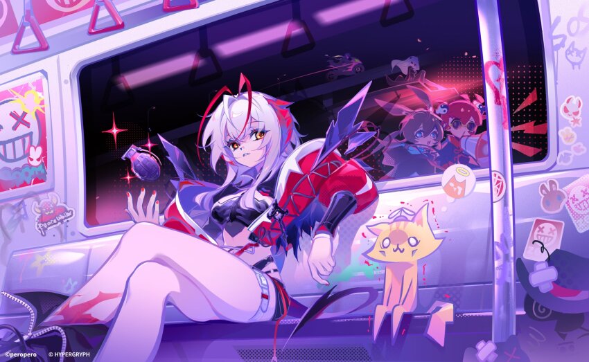 1other 4girls amiya_(arknights) animal_ears antenna_hair arknights belt blue_eyes bright_pupils buro_(exorcist_master)_(muse_dash) buro_(muse_dash) character_request chinese_commentary commentary_request copyright_notice crop_top cropped_jacket crossed_legs explosive eyes_visible_through_hair fingernails graffiti grenade grey_belt grey_hair hair_between_eyes highres interior jacket long_hair long_sleeves looking_at_viewer marija_(muse_dash) marija_(the_girl_in_black)_(muse_dash) medium_hair megaphone motor_vehicle motorcycle multicolored_hair multiple_girls muse_dash nail_polish official_art open_mouth pink_hair red_hair red_jacket red_nails reflection rin_(muse_dash) rin_(racer)_(muse_dash) round_eyewear rourow scared sitting sparkle sticker streaked_hair thigh_belt thigh_strap train_interior trembling w_(arknights) white_pupils wis&#039;adel_(arknights) yellow_eyes zipper zipper_pull_tab