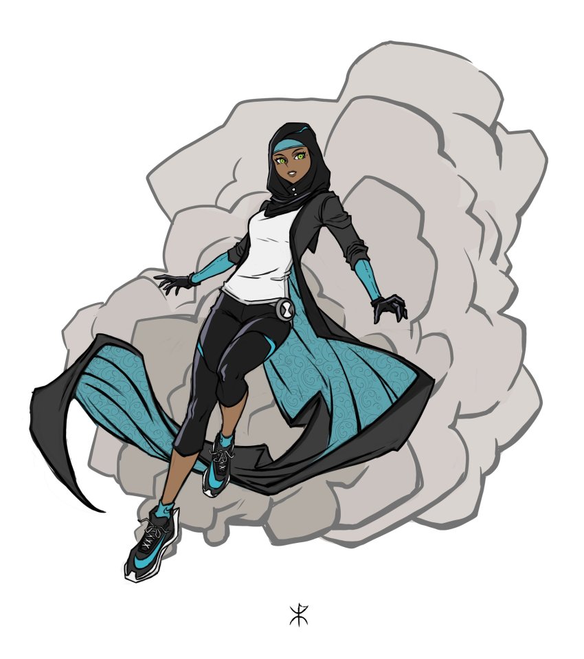 1girl alien apoloniodraws ben_10 black_hijab coat dark-skinned_female dark_skin dust_cloud gloves green_eyes highres hijab mole mole_under_eye omnitrix shirt shoes sneakers white_shirt xlr8