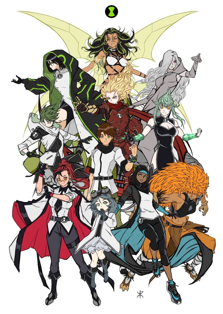 1boy 6+girls alien animification apoloniodraws ben_10 ben_tennyson black_hijab brown_hair dark-skinned_female dark_skin diamondhead earrings four_arms_(ben_10) genderswap genderswap_(mtf) ghostfreak gray_matter green_eyes heatblast highres hijab humanization jewelry messy_hair multiple_girls omnitrix ripjaw simple_background single_earring stinkfly upgrade watch white_background wildmutt xlr8