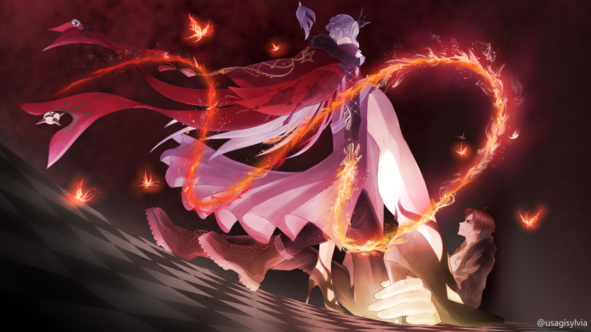 1boy 1girl bare_shoulders black_footwear black_gloves black_mask blonde_hair boots brown_footwear crimson_lotus_moth_(genshin_impact) delusion_(genshin_impact) dress elbow_gloves fire flaming_weapon from_behind genshin_impact gloves high_heels highres indie_virtual_youtuber jacket long_hair mask meso_mosura pants short_hair signora_(genshin_impact) studded_gloves sylvia_m thighs twitter_username weapon whip