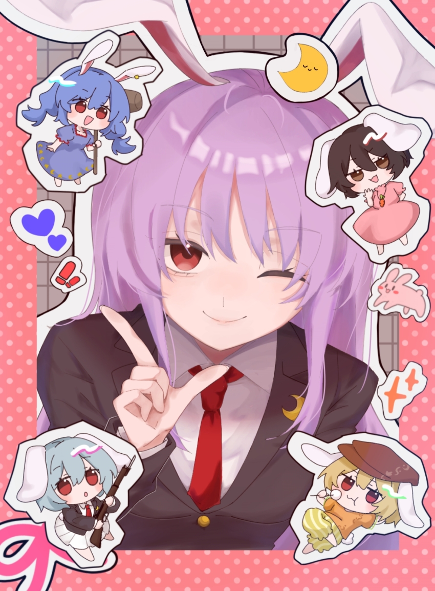5girls :d :o :t ;) animal_ears black_hair black_jacket blazer blonde_hair blue_hair carrot_necklace chibi chibi_inset commentary crescent crescent_pin grey_hair grid_background gun heart highres holding holding_gun holding_mallet holding_weapon inaba_mob_(touhou) inaba_tewi jacket jewelry l_hand long_hair looking_at_viewer lop_rabbit_ears mallet multiple_girls necklace necktie one_eye_closed open_mouth outline polka_dot_border purple_hair rabbit rabbit_ears rabbit_girl red_necktie reisen_(touhou_bougetsushou) reisen_udongein_inaba rifle ringo_(touhou) ringo_mame seiran_(touhou) shirt skewer smile straight_hair touhou trait_connection upper_body weapon white_outline white_shirt