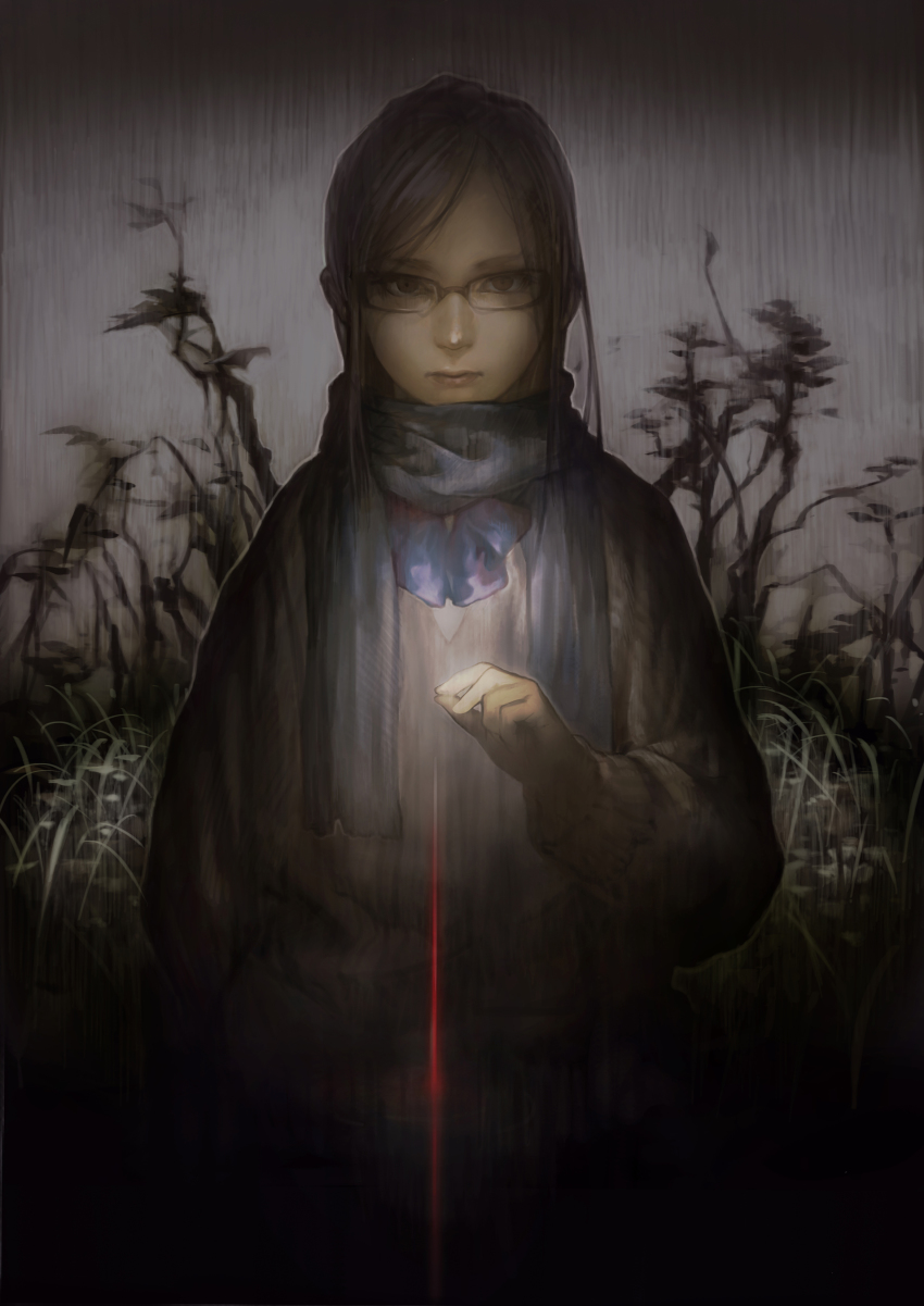 1girl absurdres blue_bow bow bowtie brown_eyes dark expressionless female_focus glasses highres looking_at_viewer plant scarf solo sweater takeyuki15