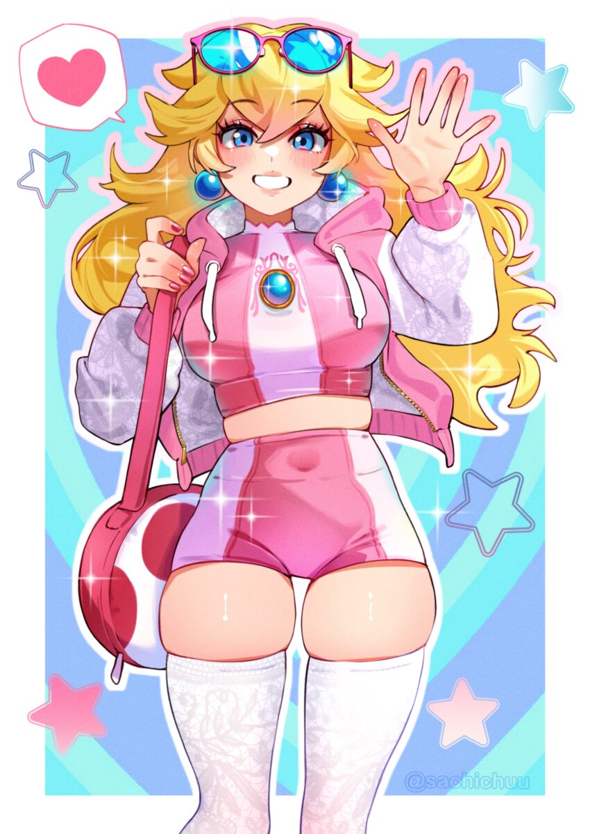 1girl absurdres blonde_hair blue-tinted_eyewear blue_eyes breasts cowboy_shot earrings eyewear_on_head heart highres hood hooded_jacket jacket jewelry large_breasts long_hair mario_(series) missing_commentary nintendo open_clothes open_jacket pink_jacket pink_shirt pink_shorts princess_peach sachichuu shirt shorts solo sphere_earrings spoken_heart sunglasses thighhighs tinted_eyewear waving white_thighhighs