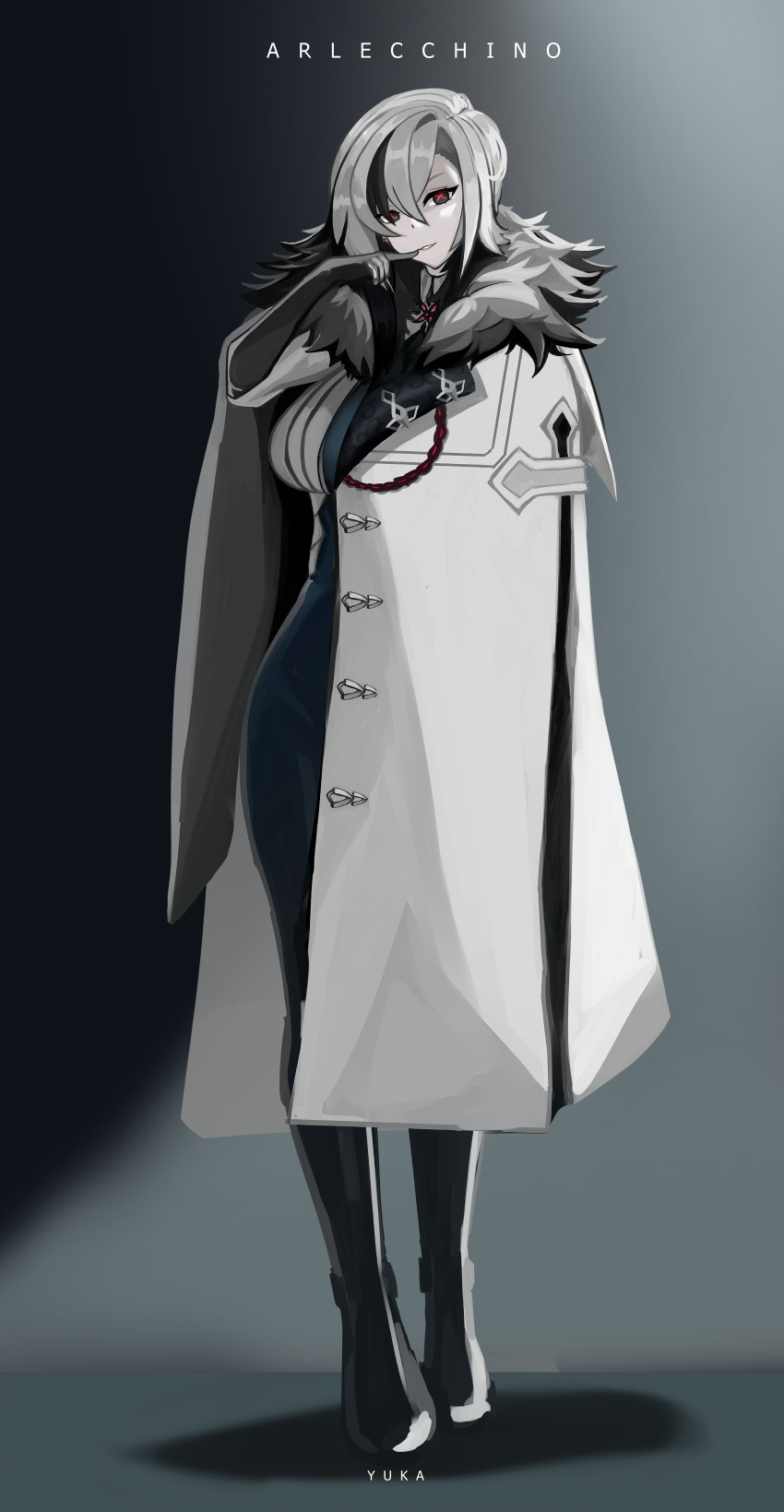 1girl absurdres arlecchino_(genshin_impact) black_gloves black_hair boots breasts coat elbow_gloves eyebrows_hidden_by_hair genshin_impact gloves grey_hair hair_between_eyes highres large_breasts looking_at_viewer multicolored_hair red_eyes short_hair solo standing yuka_1503